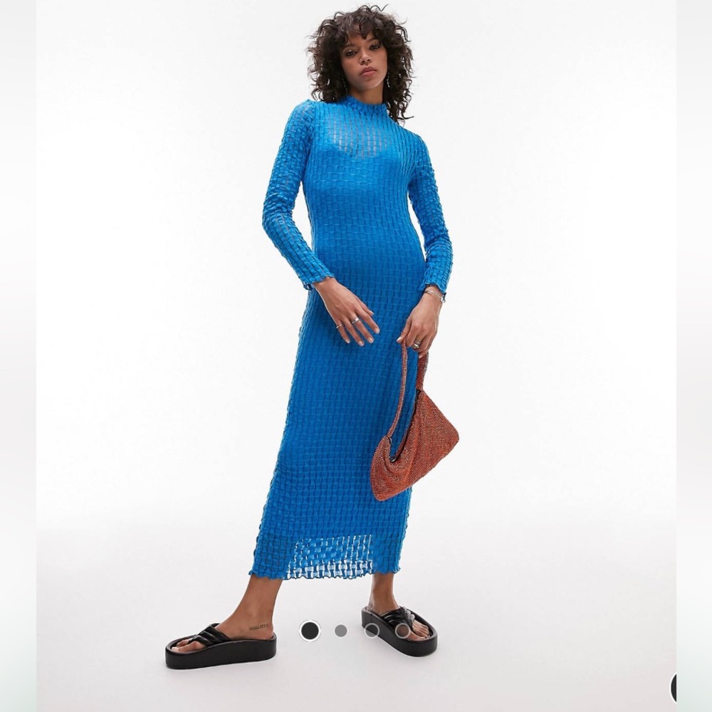Topshop textured long sleeve lace jersey midi dress in blue